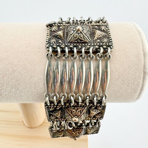 Vintage Mexico 925 Sterling Silver Panel Bracelet – Handcrafted Boho Design - Picture 7 of 12